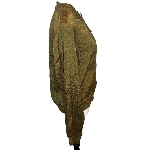 Anthropologie Maeve Satin OLIVE GREEN Bomber Jacket Full-Zip Smocked-Trim Sz Med - Picture 6 of 7